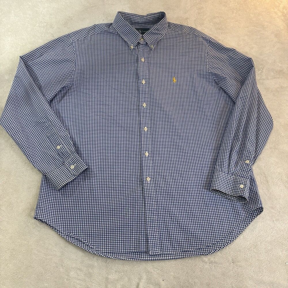 Ralph Lauren XL Blue White Gingham Check Button Down Shirt Long Sleeve Pony